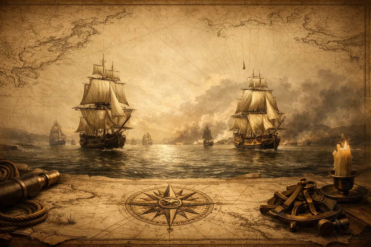 Historische Segelschiffe auf See vor einer antiken Karte im Stil des 18. Jahrhunderts